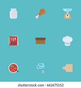 Flat Icons Blender, Fried Poultry, Kitchen Measurement And Other Vector Elements. Set Of Gastronomy Flat Icons Symbols Also Includes Hat, Blender, Leg Objects.