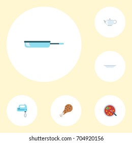 Flat Icons Blender, Skillet, Dish And Other Vector Elements. Set Of Gastronomy Flat Icons Symbols Also Includes Plate, Broth, Frying Objects.