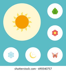 Flat Icons Blossom, Beauty Insect, Night And Other Vector Elements. Set Of Green Flat Icons Symbols Also Includes Night, Butterfly, Sunny Objects.