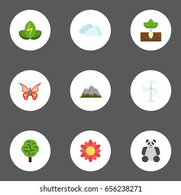 Flat Icons Blossom, China Bear, Beauty Insect And Other Vector Elements. Set Of Nature Flat Icons Symbols Also Includes Insect, Animal, Tree Objects.