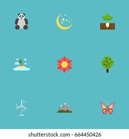 Flat Icons Blossom , Landscape, Wood Vector Elements. Set Of Environment Flat Icons Symbols Also Includes Moon, Night, Moth Objects.