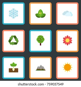 Flat Icons Blossom , Winter Snow, Landscape Vector Elements. Set Of Nature Flat Icons Symbols Also Includes Reuse, Gardening, Sunshine Objects.