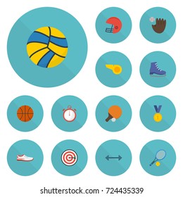 Flat Icons Blower, Arrow, Glove And Other Vector Elements. Set Of Fitness Flat Icons Symbols Also Includes Start, Reward, Darts Objects.