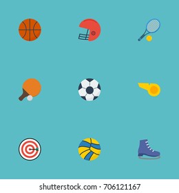 Flat Icons Blower, Rocket, Table Tennis And Other Vector Elements. Set Of Fitness Flat Icons Symbols Also Includes Pong, Ping, Helmet Objects.