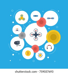 Flat Icons Bluetooth Speaker, Vlog, Camera And Other Vector Elements. Set Of Modern Flat Icons Symbols Also Includes Vlog, Scooter, Fidget Objects.