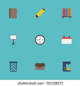 Flat Icons Board Stand, Date, Highlighter Vector Elements. Set Of Workspace Flat Icons Symbols Also Includes Board, Trash, Wastebasket Objects.
