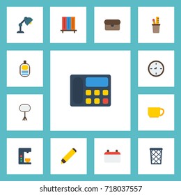 Flat Icons Board Stand, Desk Light, Bookshop Vector Elements. Set Of Office Flat Icons Symbols Also Includes Bookcase, Light, Coffee Objects.