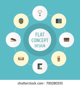 Flat Icons Board Stand, Espresso Machine, Pen Holder Vector Elements. Set Of Workspace Flat Icons Symbols Also Includes Stand, Ruler, Whiteboard Objects.