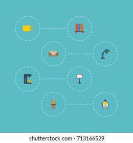 Flat Icons Board Stand, Pen Holder, Identification Vector Elements. Set Of Office Flat Icons Symbols Also Includes Cup, Pencil, Table Objects.