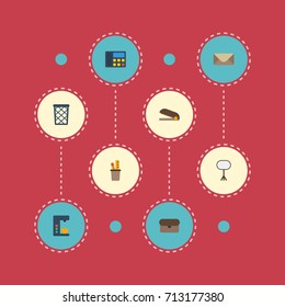 Flat Icons Board Stand, Puncher, Suitcase Vector Elements. Set Of Office Flat Icons Symbols Also Includes Puncher, Wastebasket, Trash Objects.