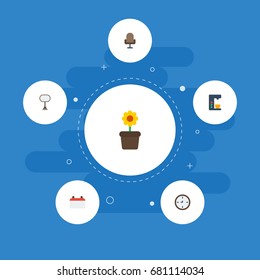 Flat Icons Board Stand, Watch, Plant Pot Vector Elements. Set Of Office Flat Icons Symbols Also Includes Office, Wall, Watch Objects.