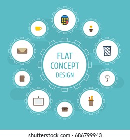 Flat Icons Board Stand, Whiteboard, Plant Pot Vector Elements. Set Of Workspace Flat Icons Symbols Also Includes Letter, Coffee, Ruler Objects.