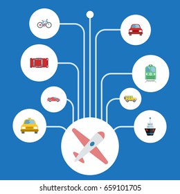 Flat Icons Boat, Aircraft, Bicycle And Other Vector Elements. Set Of Vehicle Flat Icons Symbols Also Includes Airplane, Ship, Auto Objects.
