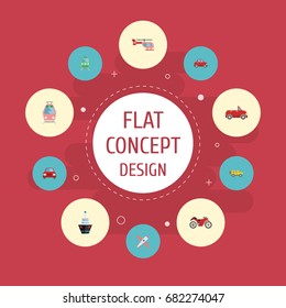 Flat Icons Boat, Aircraft, Metro And Other Vector Elements. Set Of Auto Flat Icons Symbols Also Includes Electric, Motorbike, Cabriolet Objects.
