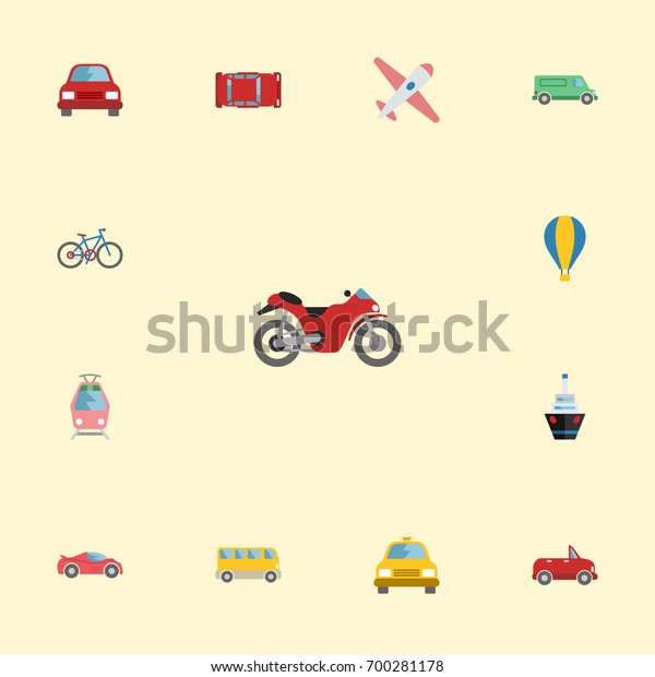 Flat Icons Boat, Carriage, Bicycle And Other\
Vector Elements. Set Of Transport Flat Icons Symbols Also Includes\
Balloon, Plane, Omnibus\
Objects.