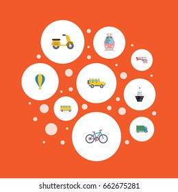 Flat Icons Boat, Omnibus, Scooter And Other Vector Elements. Set Of Vehicle Flat Icons Symbols Also Includes Car, Cycle, Freight Objects.