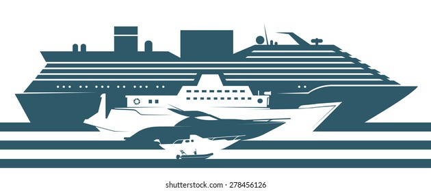 Flat icons of boats ranked by size. Set of different types of boats in flat design style. Vector illustration.