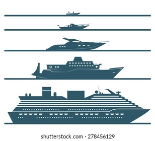 Flat icons of boats ranked by size. Set of different types of boats in flat design style. Vector illustration.