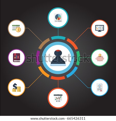 Flat Icons Book, Pie Bar, Coins Pile And Other Vector Elements. Set Of Registration Flat Icons Symbols Also Includes Accounting, Cash, Report Objects.