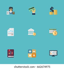Flat Icons Bookkeeper, Card, Deadline And Other Vector Elements. Set Of Recording Flat Icons Symbols Also Includes Math, Dollar, Accounting Objects.