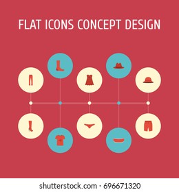 Flat Icons Boots, Evening Dress, Shorts And Other Vector Elements. Set Of Garment Flat Icons Symbols Also Includes Hat, Socks, T-Shirt Objects.