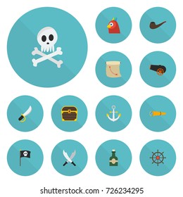 Flat Icons Bottle, Tobacco, Sword And Other Vector Elements. Set Of Corsair Flat Icons Symbols Also Includes Chest, Cartography, Pirate Objects.