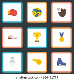 Flat Icons Boxing, Uniform, Glove And Other Vector Elements. Set Of Sport Flat Icons Symbols Also Includes Cup, Boot, Volleyball Objects.