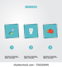 Flat Icons Boxing, Uniform, Rocket And Other Vector Elements. Set Of Fitness Flat Icons Symbols Also Includes Tennis, Uniform, Karate Objects.