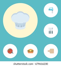 Flat Icons Breadboard, Chef Hat, Fast Food And Other Vector Elements. Set Of Cooking Flat Icons Symbols Also Includes Cutting, Board, Breadboard Objects.