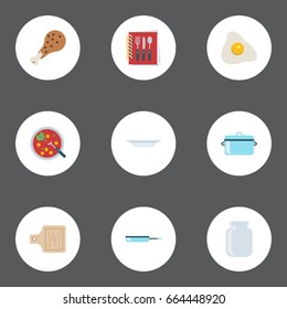 Flat Icons Breadboard, Dish, Glass Container And Other Vector Elements. Set Of Kitchen Flat Icons Symbols Also Includes Can, Cutting, Fried Objects.