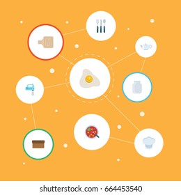 Flat Icons Breadboard, Glass Container, Chef Hat And Other Vector Elements. Set Of Cooking Flat Icons Symbols Also Includes Mixer, Bread, Spoon Objects.
