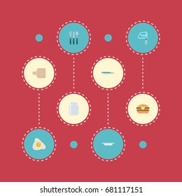 Flat Icons Breadboard, Omelette, Skillet And Other Vector Elements. Set Of Food Flat Icons Symbols Also Includes Fork, Spoon, Can Objects.