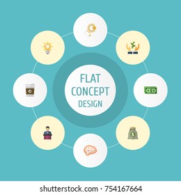 Flat Icons Break, Help, Income And Other Vector Elements. Set Of Startup Flat Icons Symbols Also Includes Brain, Money, Businessman Objects.