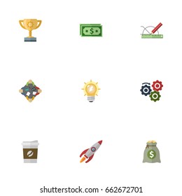 Flat Icons Break, Rocket, Championship And Other Vector Elements. Set Of Startup Flat Icons Symbols Also Includes Bulb, Break, Motivation Objects.