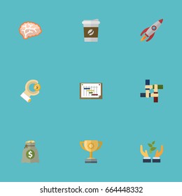 Flat Icons Break, Rocket, Coin And Other Vector Elements. Set Of Projects Flat Icons Symbols Also Includes Championship, Scheme, Trophy Objects.