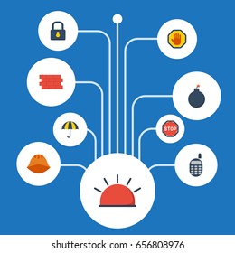 Flat Icons Brick Wall, Key, Forbidden And Other Vector Elements. Set Of Procuring Flat Icons Symbols Also Includes Warning, Stop, Palm Objects.