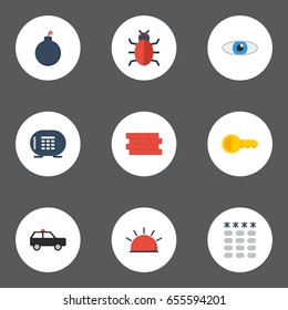Flat Icons Brick Wall, Safe, Siren And Other Vector Elements. Set Of Procuring Flat Icons Symbols Also Includes Password, Dynamite, Look Objects.