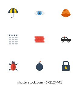Flat Icons Brick Wall, Vision, Explosive And Other Vector Elements. Set Of Procuring Flat Icons Symbols Also Includes Helmet, Hardhat, Bomb Objects.