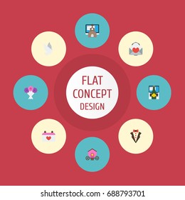 Flat Icons Bridegroom Dress, Pigeon, Calendar And Other Vector Elements. Set Of Marriage Flat Icons Symbols Also Includes Chariot, Flower, Pigeon Objects.