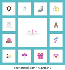 Flat Icons Bridegroom Dress, Present, Building And Other Vector Elements. Set Of Marriage Flat Icons Symbols Also Includes Engagement, Calendar, Suit Objects.