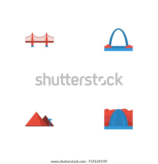 Flat Icons Bridge,\
Great Pyramid, Architecture And Other Vector Elements. Set Of\
Landmarks Flat Icons Symbols Also Includes Gateway, Bridge, Pyramid\
Objects.