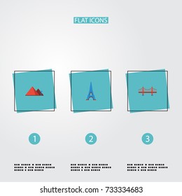 Flat Icons Bridge, Paris, Great Pyramid And Other Vector Elements. Set Of Landmarks Flat Icons Symbols Also Includes Golden, Tower, Eiffel Objects.