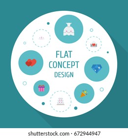 Flat Icons Brilliant, Patisserie, Accessories And Other Vector Elements. Set Of Engagement Flat Icons Symbols Also Includes Card, Heart, Diamond Objects.