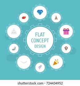 Flat Icons Brilliant, Sandal, Wedding Gown Vector Elements. Set Of Ceremony Flat Icons Symbols Also Includes Firework, Building, Surprise Objects.