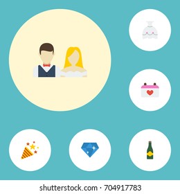 Flat Icons Brilliant, Wedding Gown, Couple And Other Vector Elements. Set Of Marriage Flat Icons Symbols Also Includes Bride, Couple, Gem Objects.