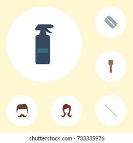 Flat Icons Bristle, Moustache, Razor And Other Vector Elements. Set Of Shop Flat Icons Symbols Also Includes Moustache, Coloring, Razor Objects.