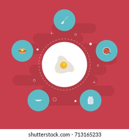 Flat Icons Broth, Dish, Glass Container And Other Vector Elements. Set Of Gastronomy Flat Icons Symbols Also Includes Omelette, Fast, Egg Objects.