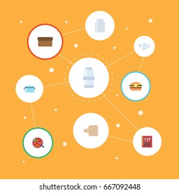 Flat Icons Broth, Fast Food, Cooking Notebook And Other Vector Elements. Set Of Kitchen Flat Icons Symbols Also Includes Breadboard, Burger, Kettle Objects.