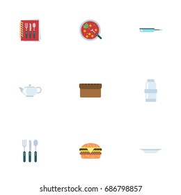 Flat Icons Broth, Fast Food, Dish And Other Vector Elements. Set Of Food Flat Icons Symbols Also Includes Dish, Food, Bakery Objects.
