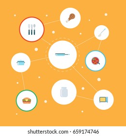 Flat Icons Broth, Glass Container, Casserole And Other Vector Elements. Set Of Gastronomy Flat Icons Symbols Also Includes Broth, Leg, Ladle Objects.
